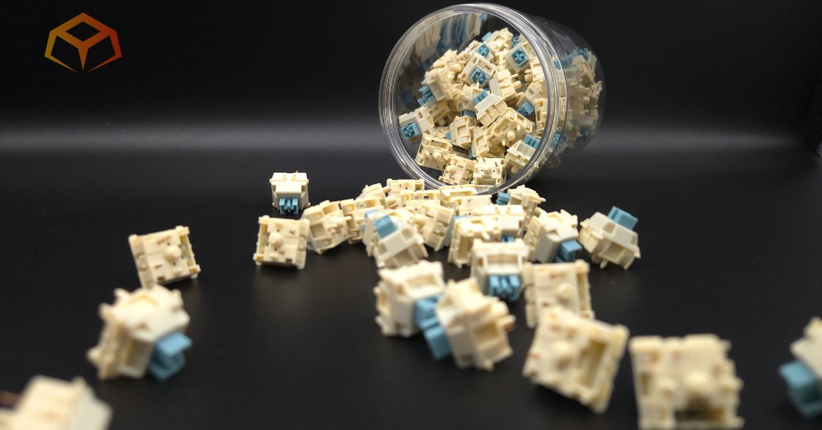 Close up of EPOMAKER Budgerigar switches spilling from a jar