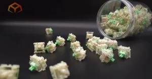 Close up of Gateron Baby Kangaroo 2.0 switches spilling from a jar