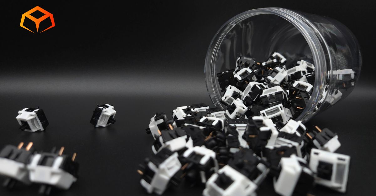 Close up shot of Akko Piano Pro switches spilling from a jar