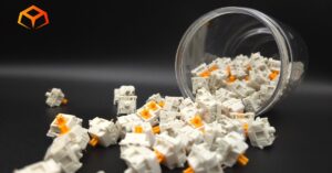 Close up shot of Glorious Panda switches spilling from a jar