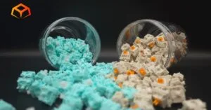 Close up shot of Glorious Lynx and Glorious Panda switches spilling from jars